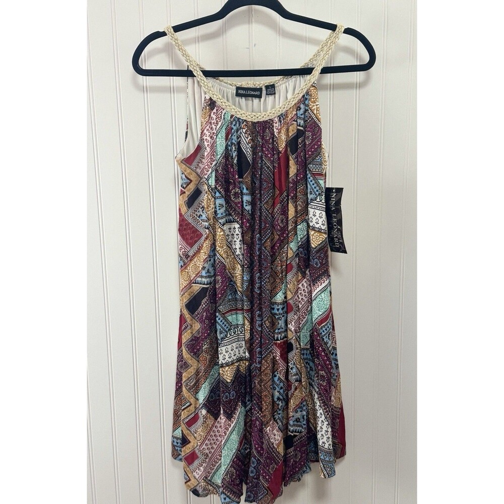 Nina Leonard Patchwork Print Sleeveless Dress Gold Braided Details Size L NWT